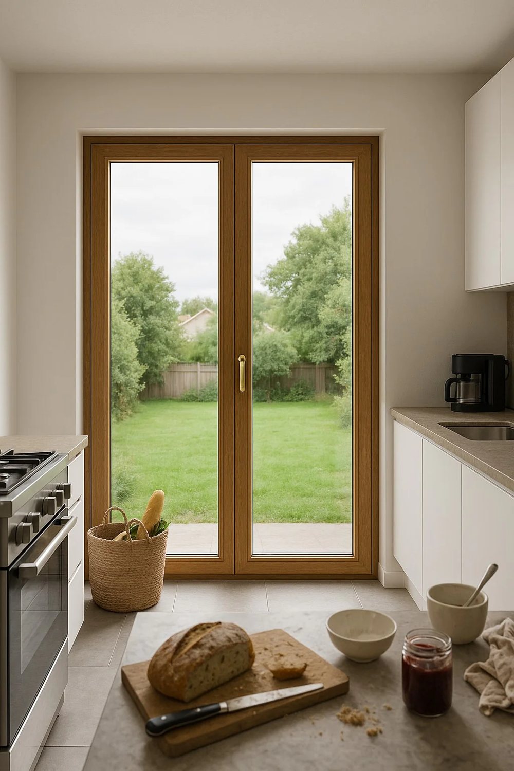 Cucina con portafinestra in alluminio effetto legno